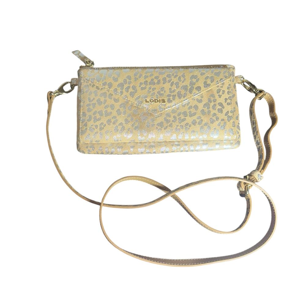 Lodis Tan Silver Leopard Print Convertible Wristlet Crossbody Purse